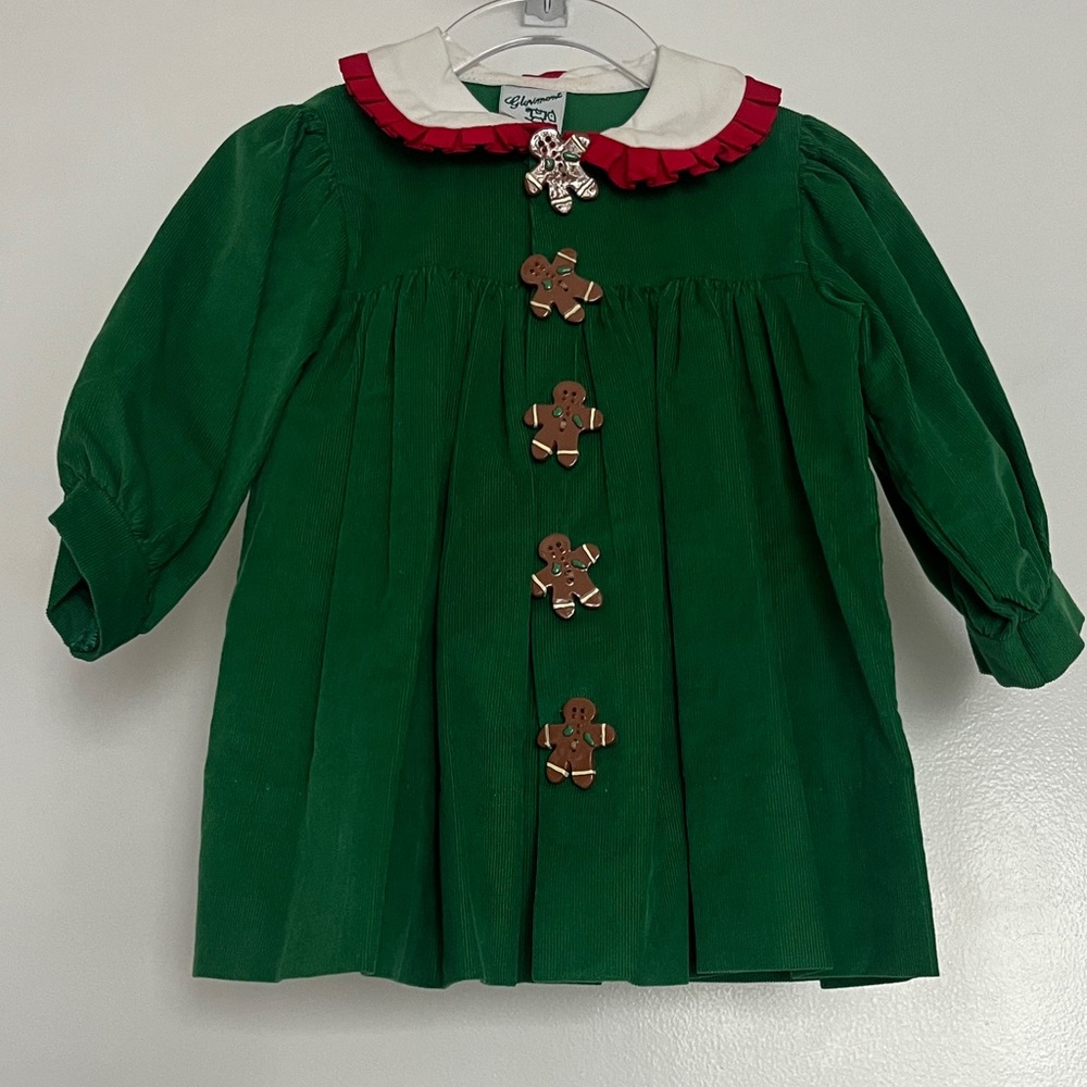 Green Holiday Girls Dress with White Peter Pan Collar and Gingerbread Buttons